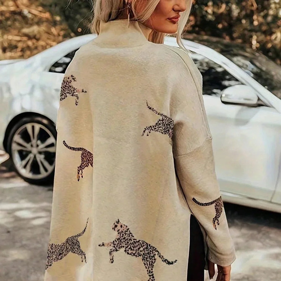 Apricot Casual Women's Mock Neck Leopard Print Long Sleeve Drop Shoulder Sweater - Picture 2 of 3